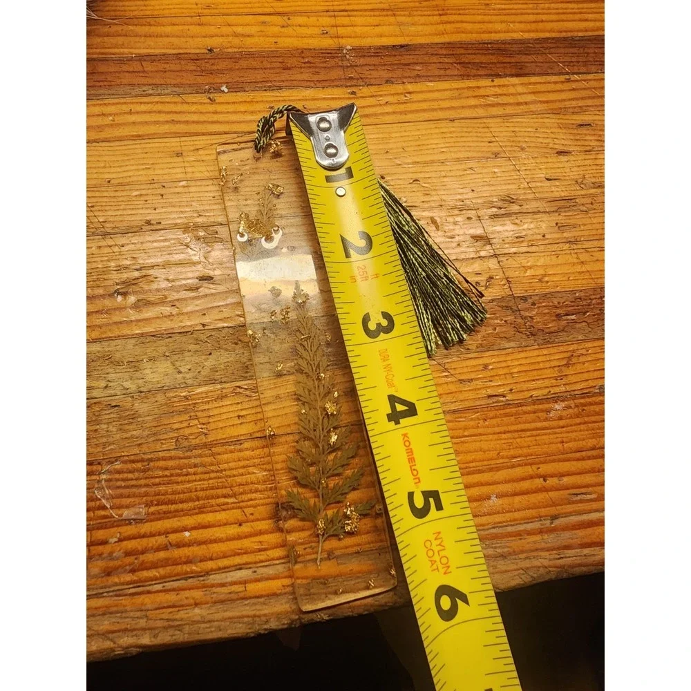 Vintage UV Glow Lucite Acrylic Bookmark With Gold Flakes & Florals, Green Tassel